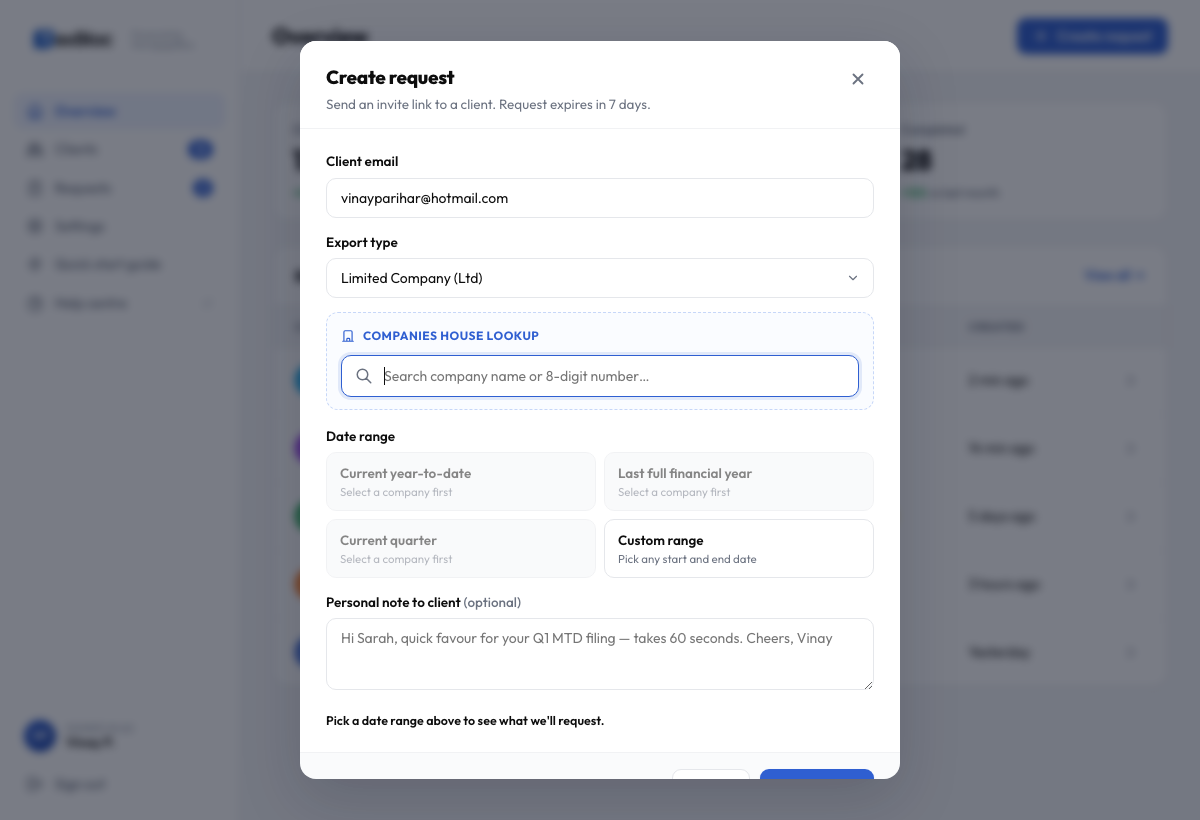 Create request with Companies House lookup