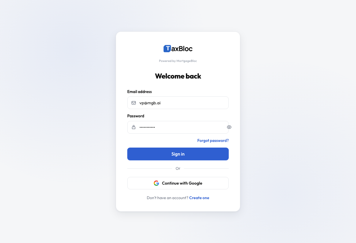 TaxBloc sign-in screen
