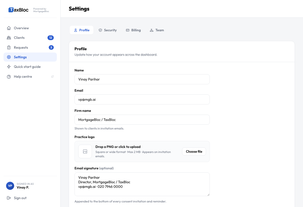 Settings → Profile, the destination for the first tour step
