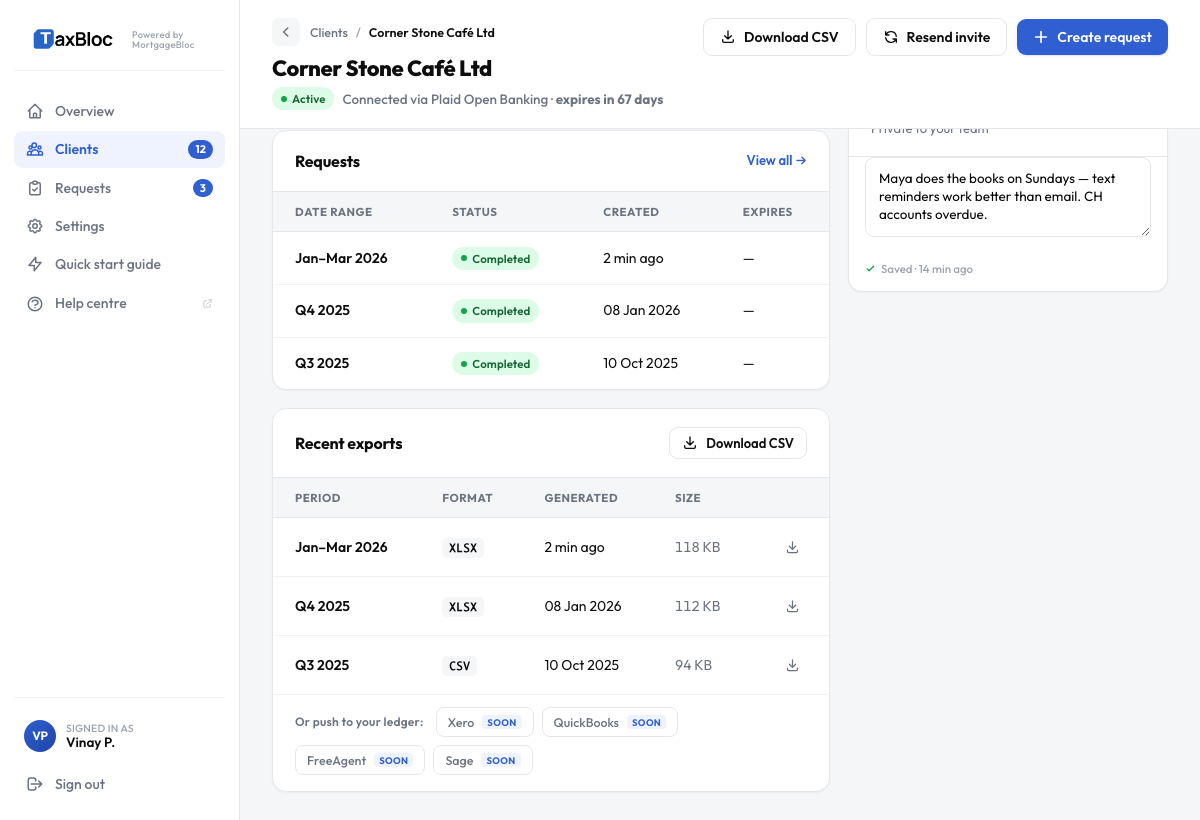 Client detail page with Download CSV button and ledger integration row
